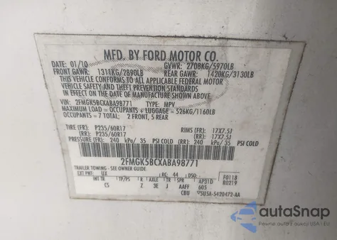 2010 Ford Flex Se из США, поврежденный, VIN 2FMGK5BCXABA98771